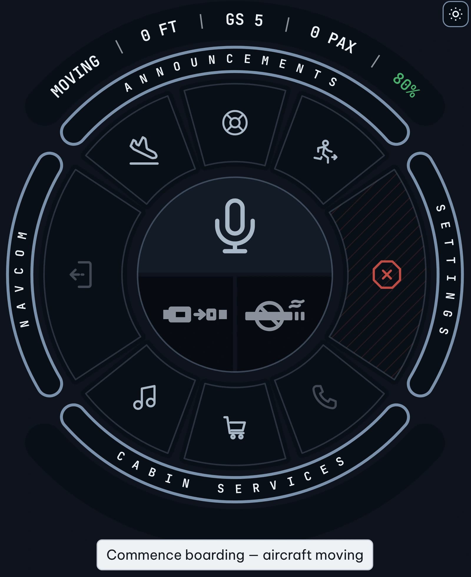 The console with the door key dimmed, the status line above the wheel reading MOVING, and the caption beneath it reading: Commence boarding — aircraft moving