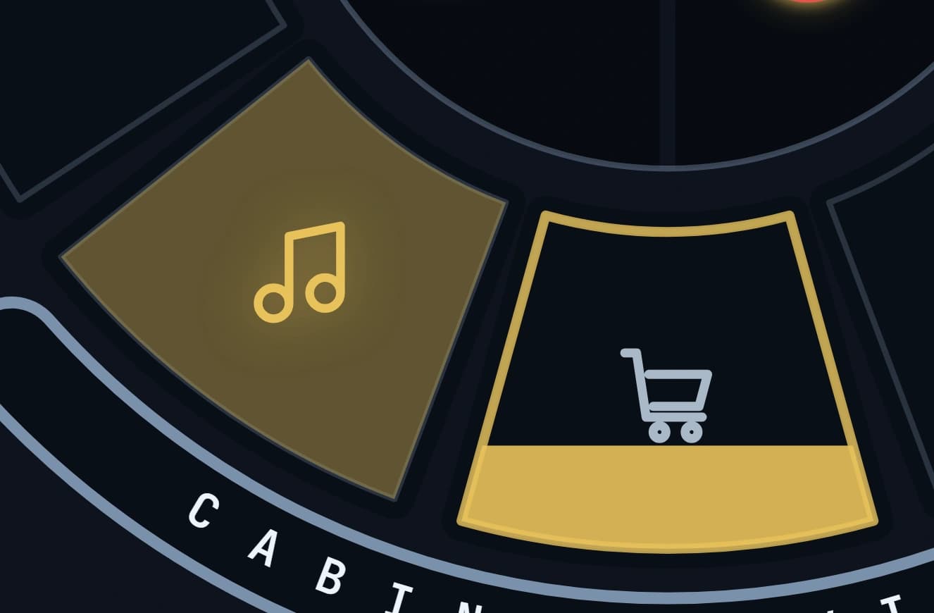 The console's music key at the moment of a kick — the whole wedge washed warm behind a gold note, beside the service wedge filling with gold