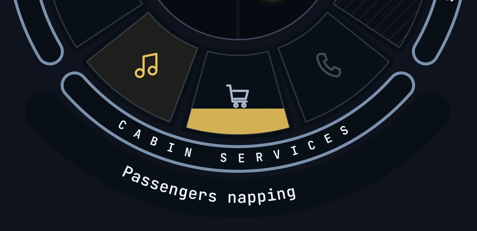 The service group opened below the console's wheel — a strip of three named keys, SNACKS, HOT MEAL and DRINKS, with DRINKS lit gold and the service wedge on the wheel above it half filled