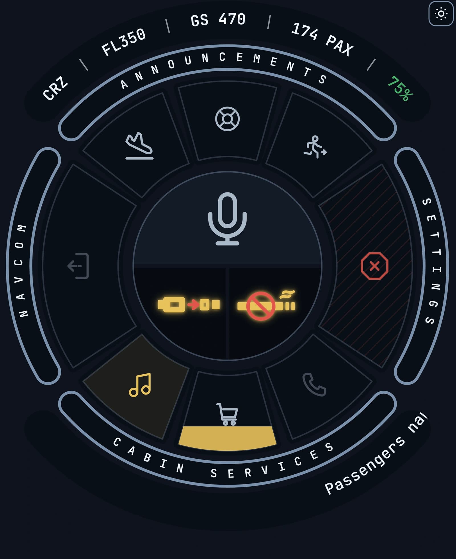 The Inflight Management Panel in the cruise — a status pill reading CRZ above a wheel of eight keys, a handset filling the top of the hub, both cabin signs lit gold in the quarters beneath it, and one service wedge filling with gold