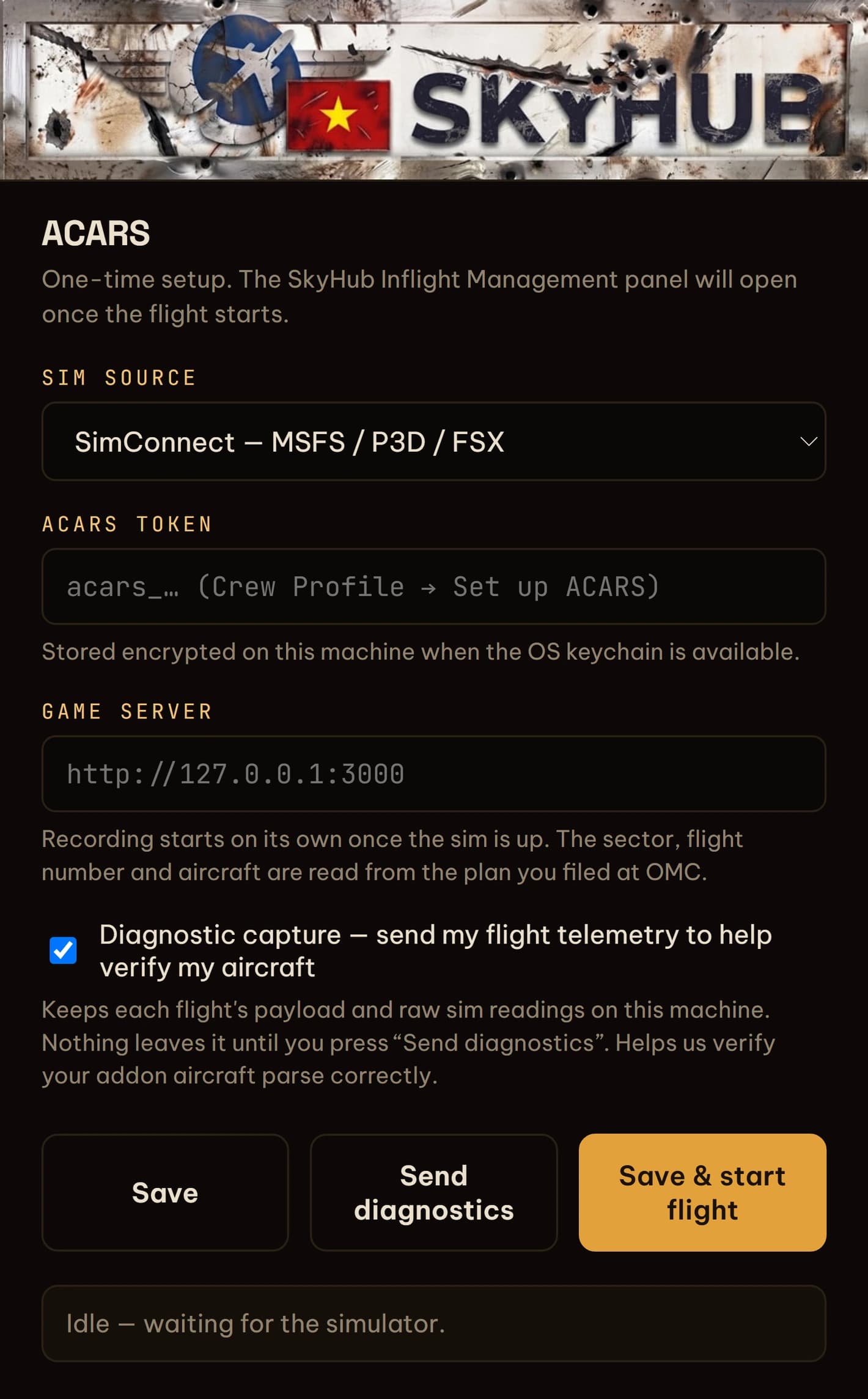 The SkyHub ACARS desktop client, set up and waiting for the sim