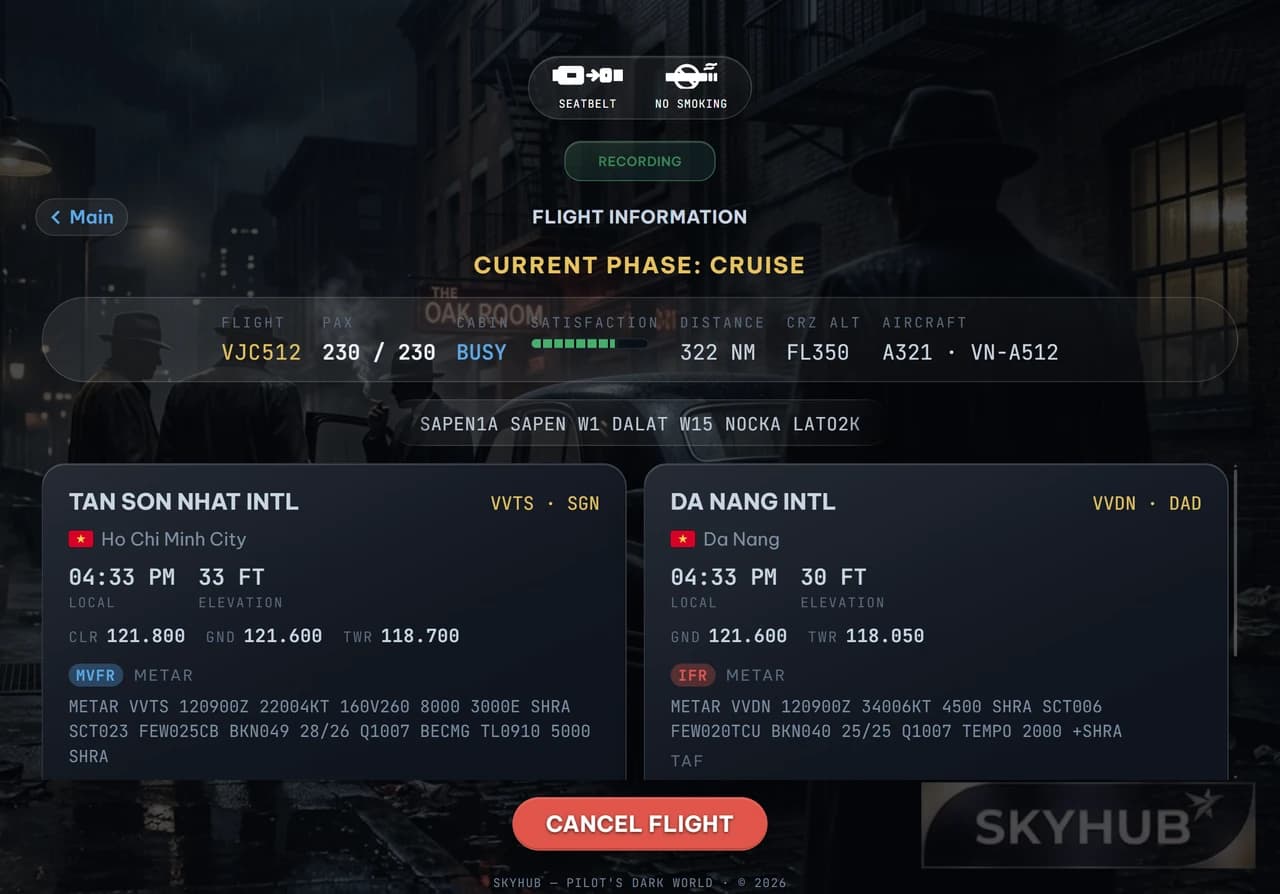 The flight information screen: flight number, route, and both airports with live weather and ATC frequencies