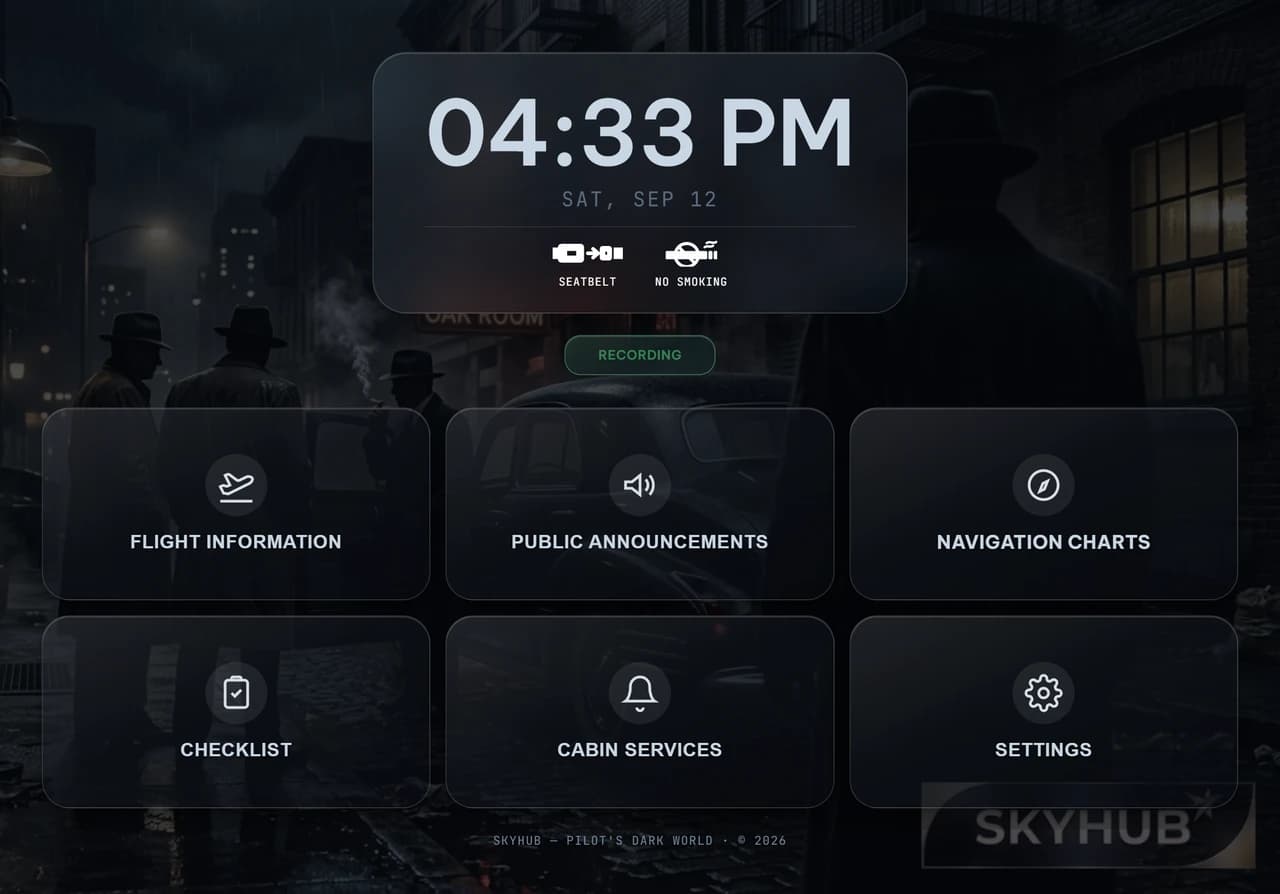 The console on an iPad: a clock, the cabin signs, and six tiles for the flight