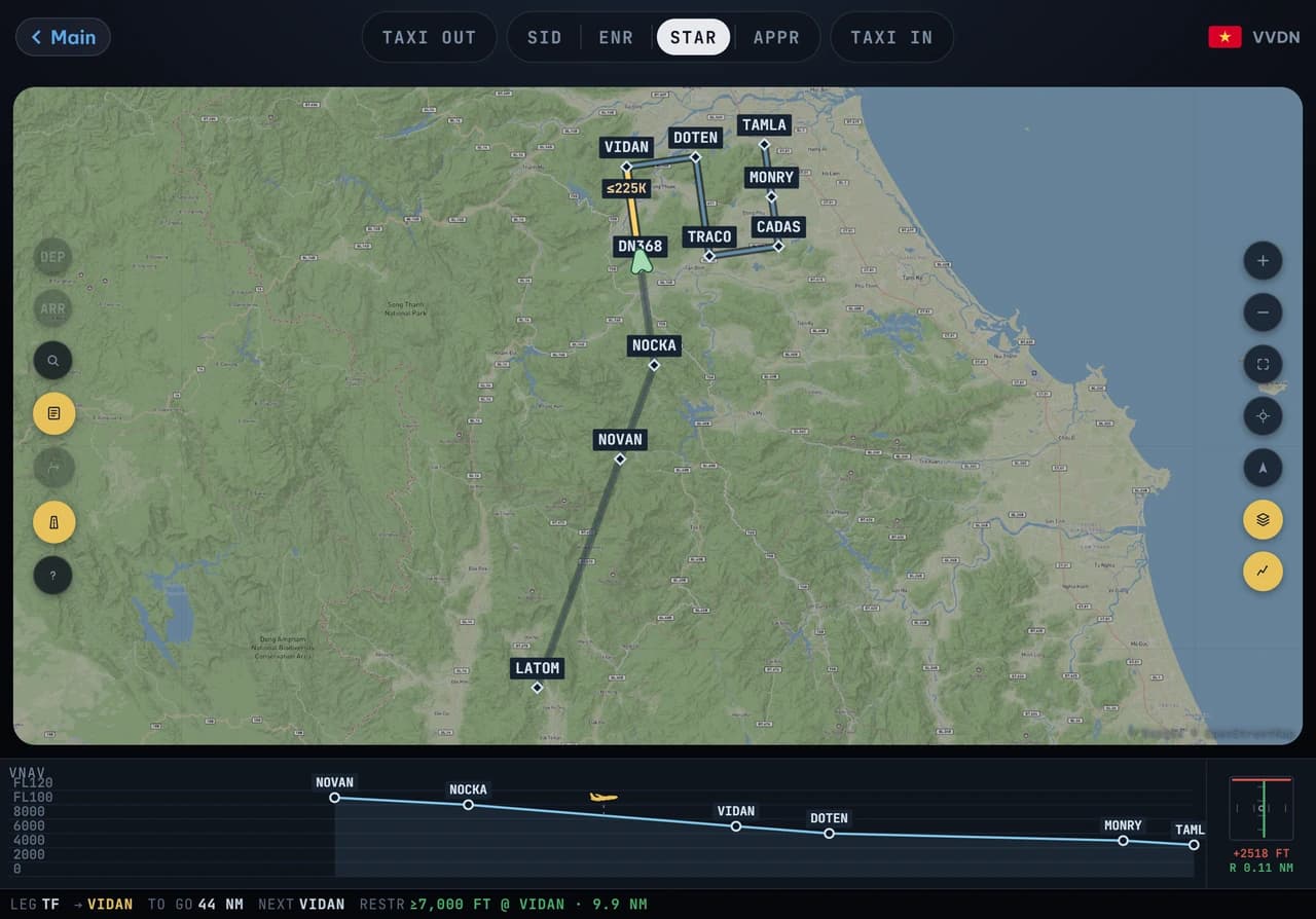 The navigation chart: a STAR into Da Nang drawn over a moving map, with a vertical profile beneath it