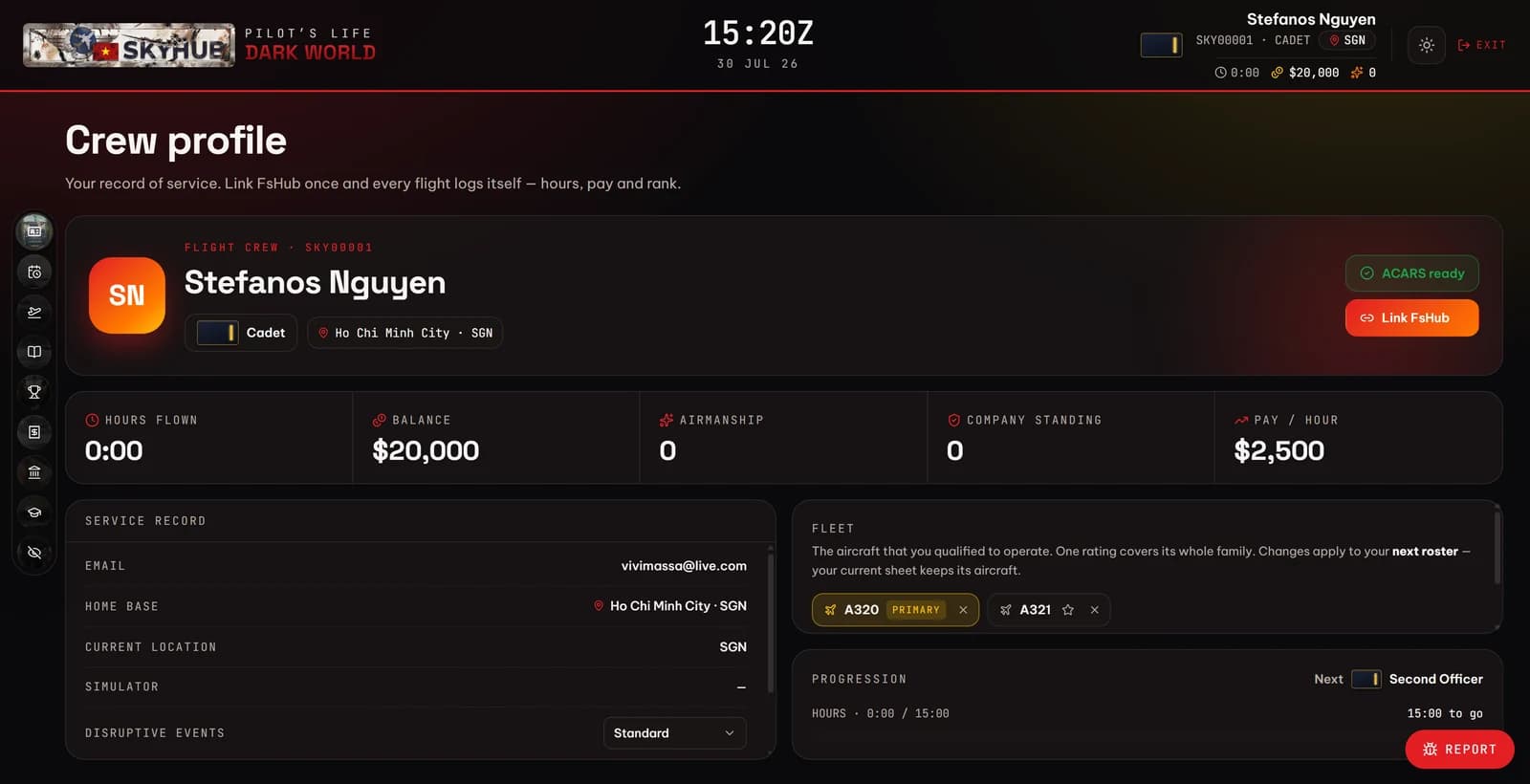 The crew profile in the SkyHub portal — rank, hours flown, balance and fleet ratings
