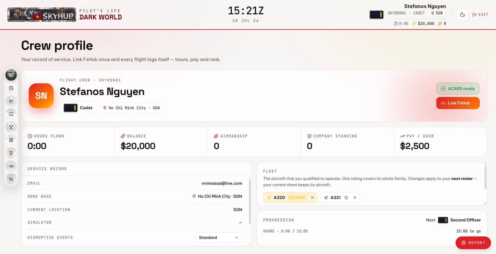 The crew profile in the SkyHub portal — rank, hours flown, balance and fleet ratings