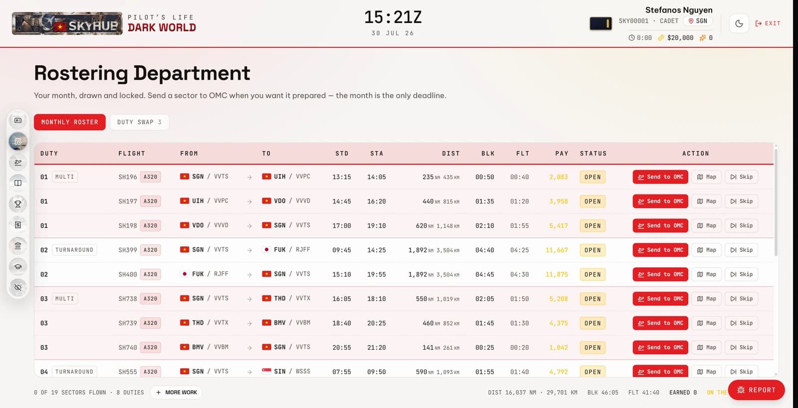 The Rostering Department — a monthly roster of duties, sectors, block times and pay