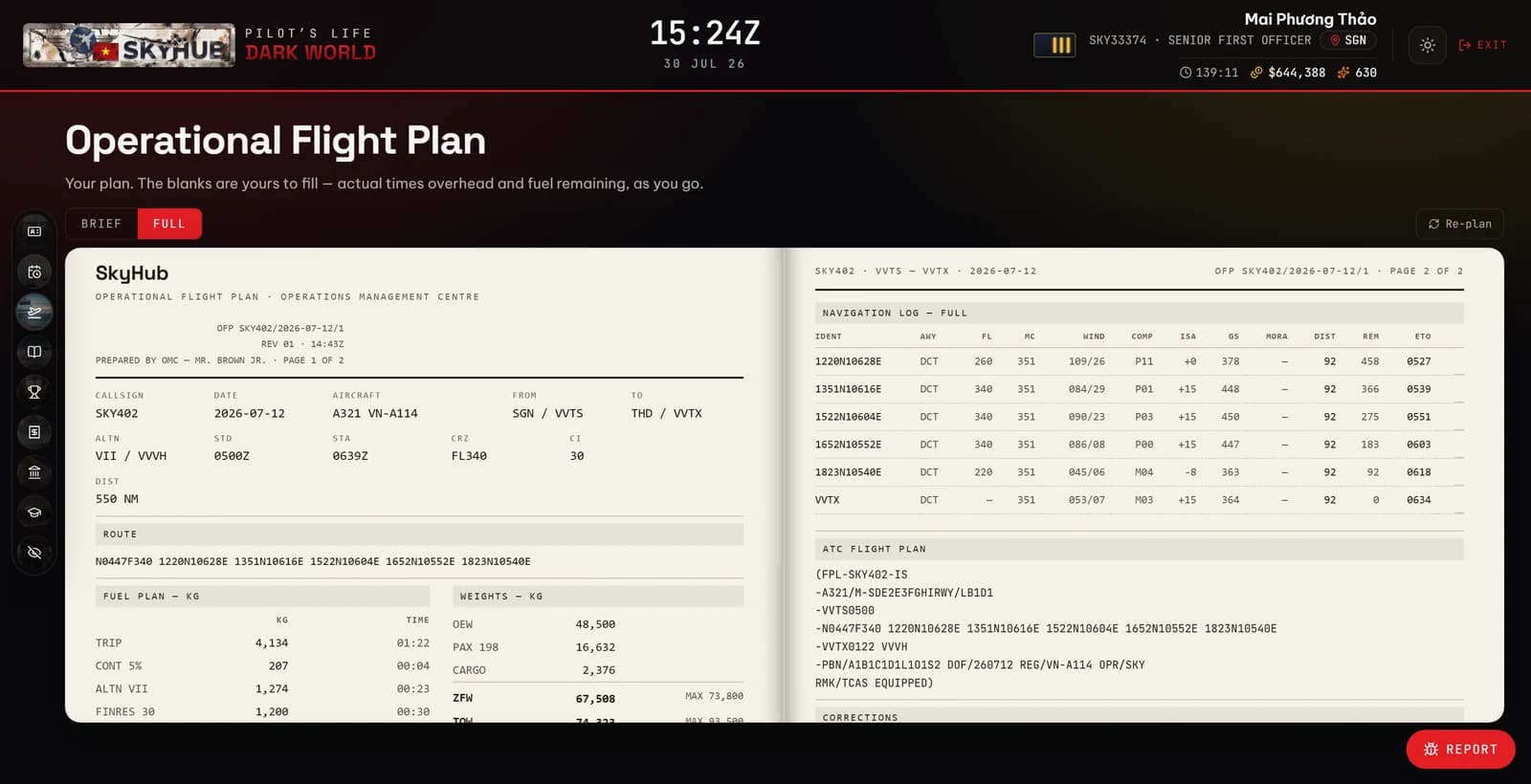 An operational flight plan generated by the Operations Management Centre