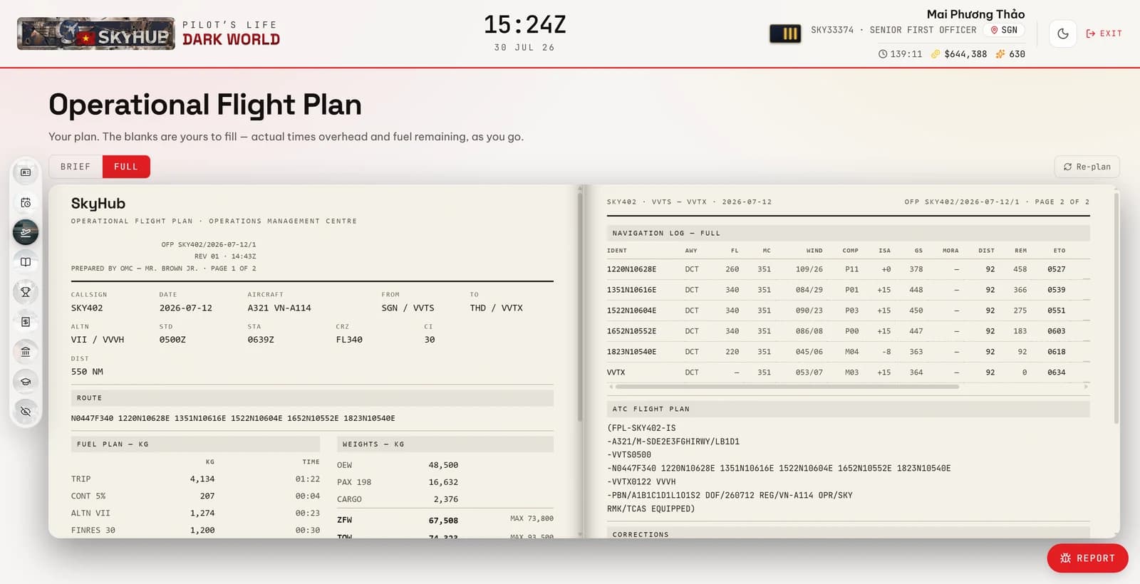 An operational flight plan generated by the Operations Management Centre