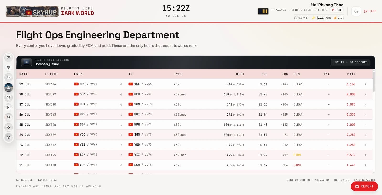 The flight crew logbook — every sector flown, its FDM grade and what it paid