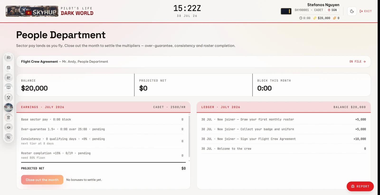 The People Department — earnings for the month and the running ledger