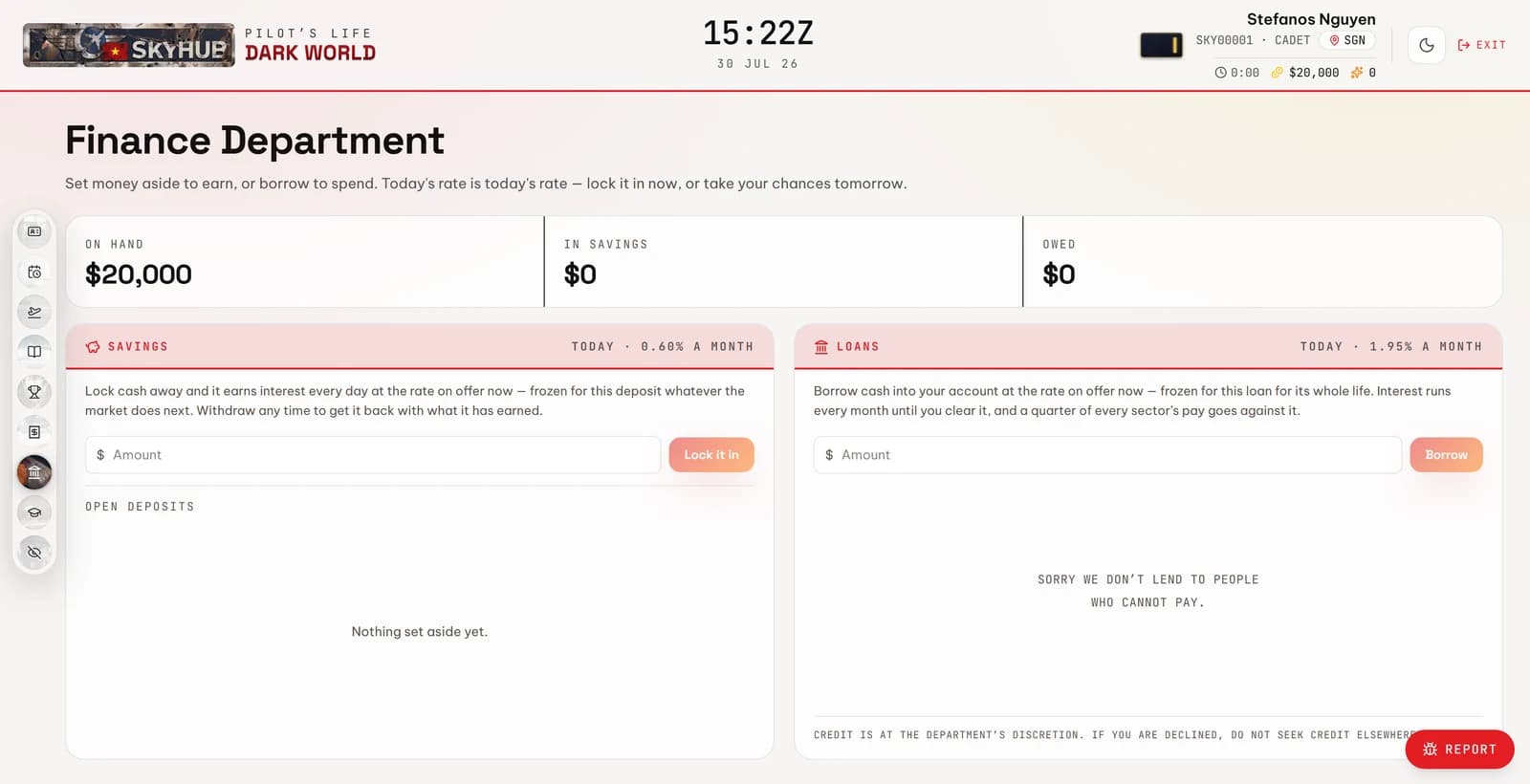 The Finance Department — savings deposits earning daily, and the loan desk