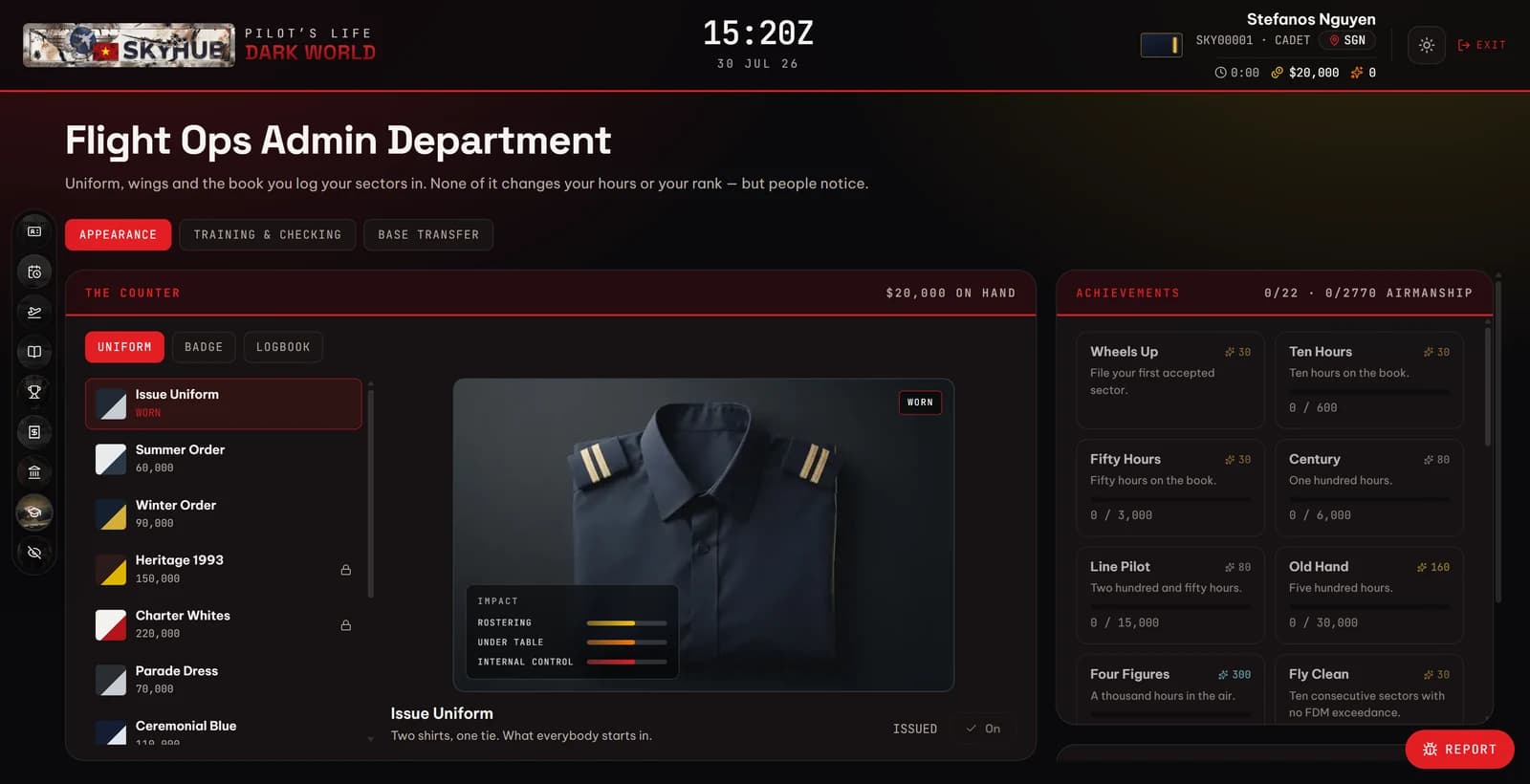 The Flight Ops Admin counter — uniform, badge and logbook, and the achievement board