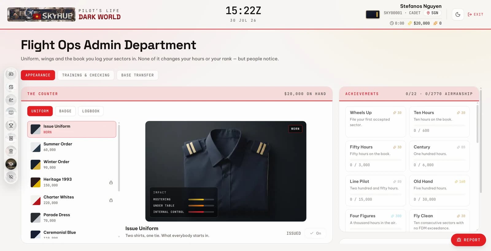 The Flight Ops Admin counter — uniform, badge and logbook, and the achievement board