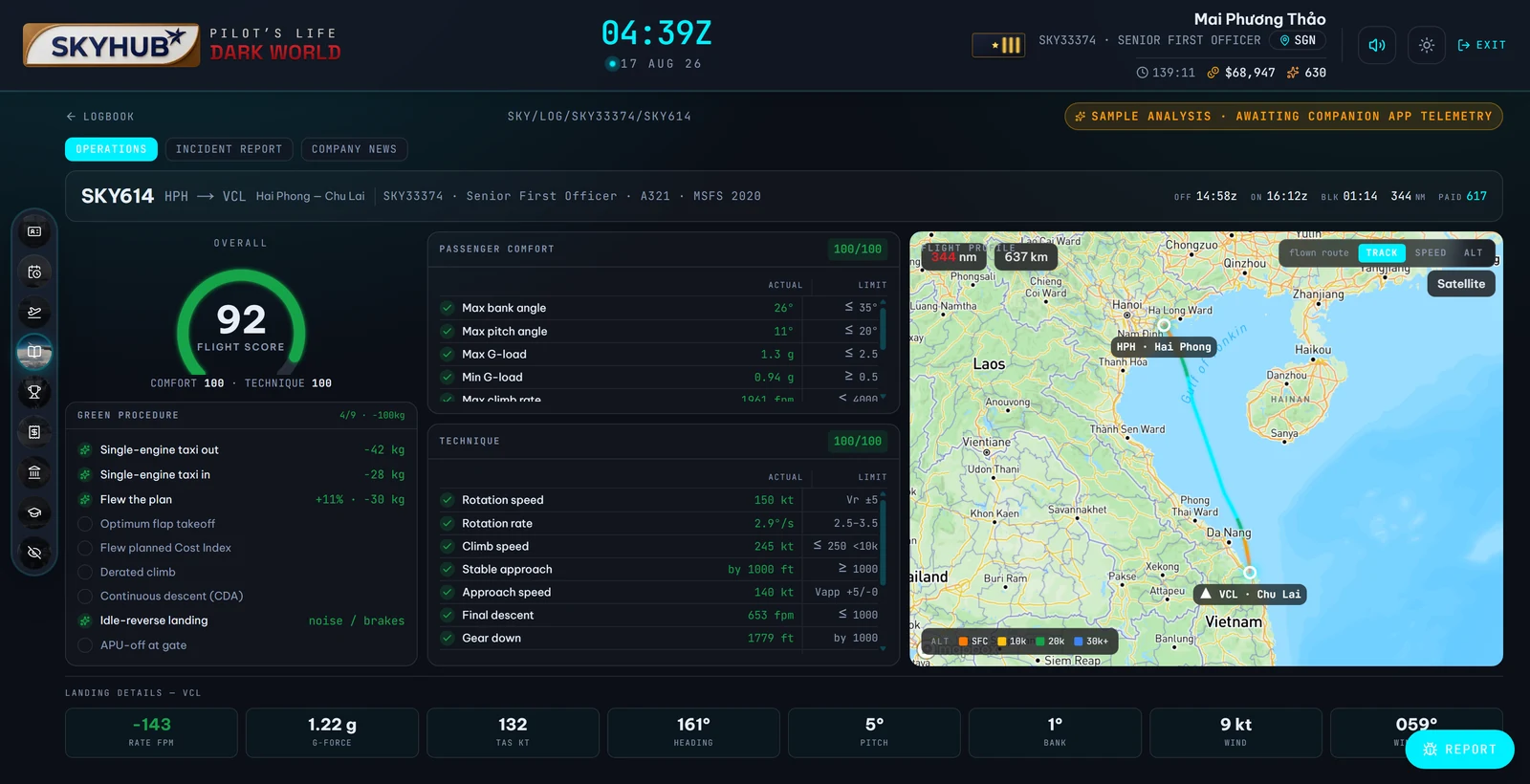 A flight report — flight score, technique and passenger comfort scored against the recorded track